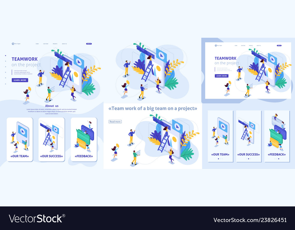 Isometric workflow and teamwork on a project vector image Isometric workflow and teamwork on a project