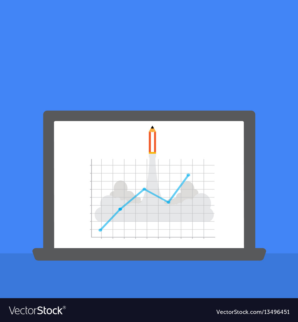 Note book with rocket pencil and graph in monitor