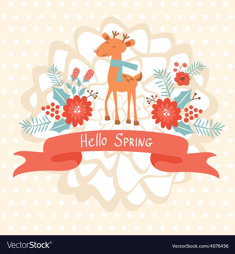 Hello spring concept card with deer