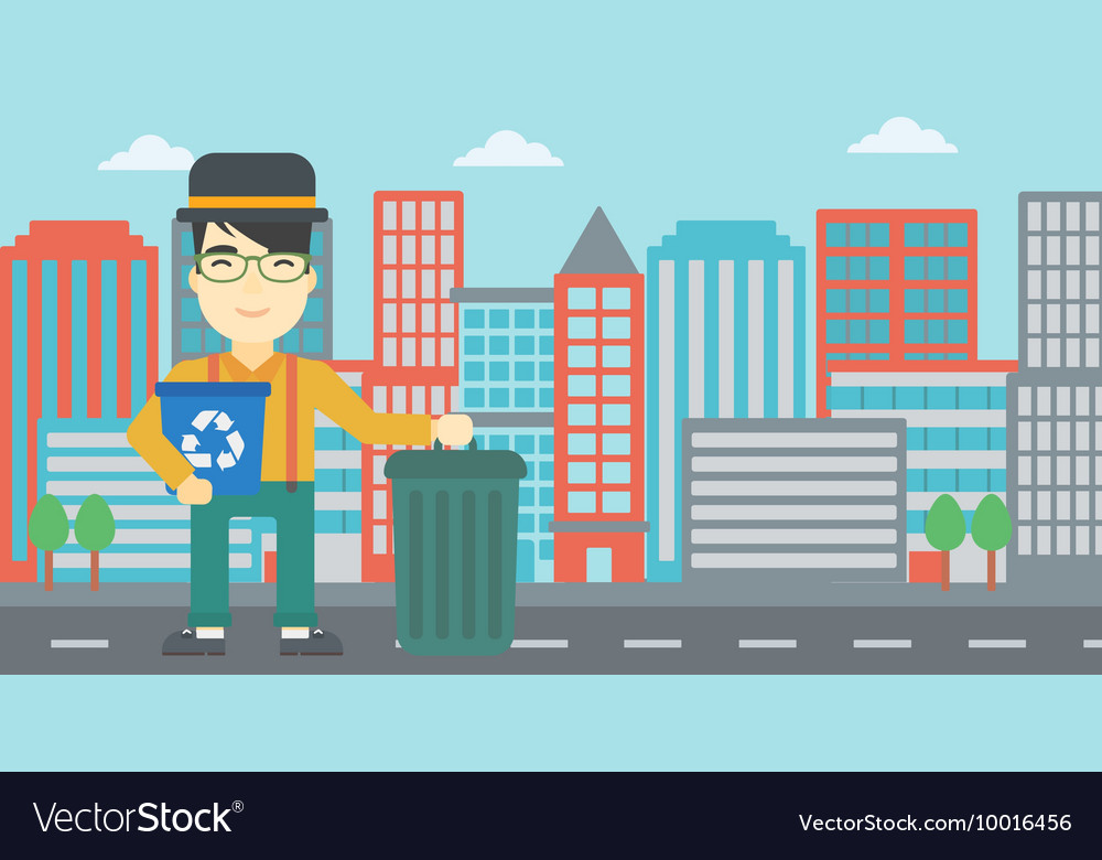 Man with recycle bin and trash can
