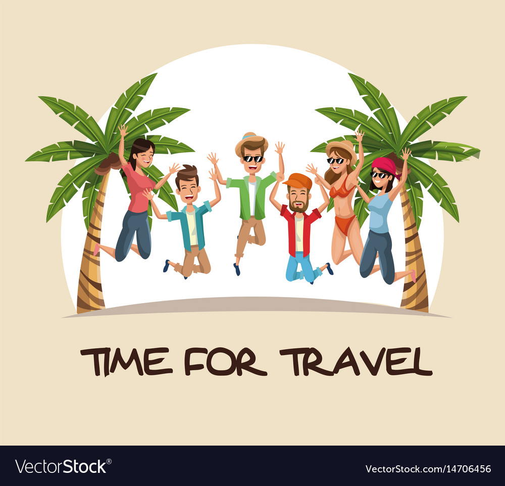 Time for travel group people jumping happy palm