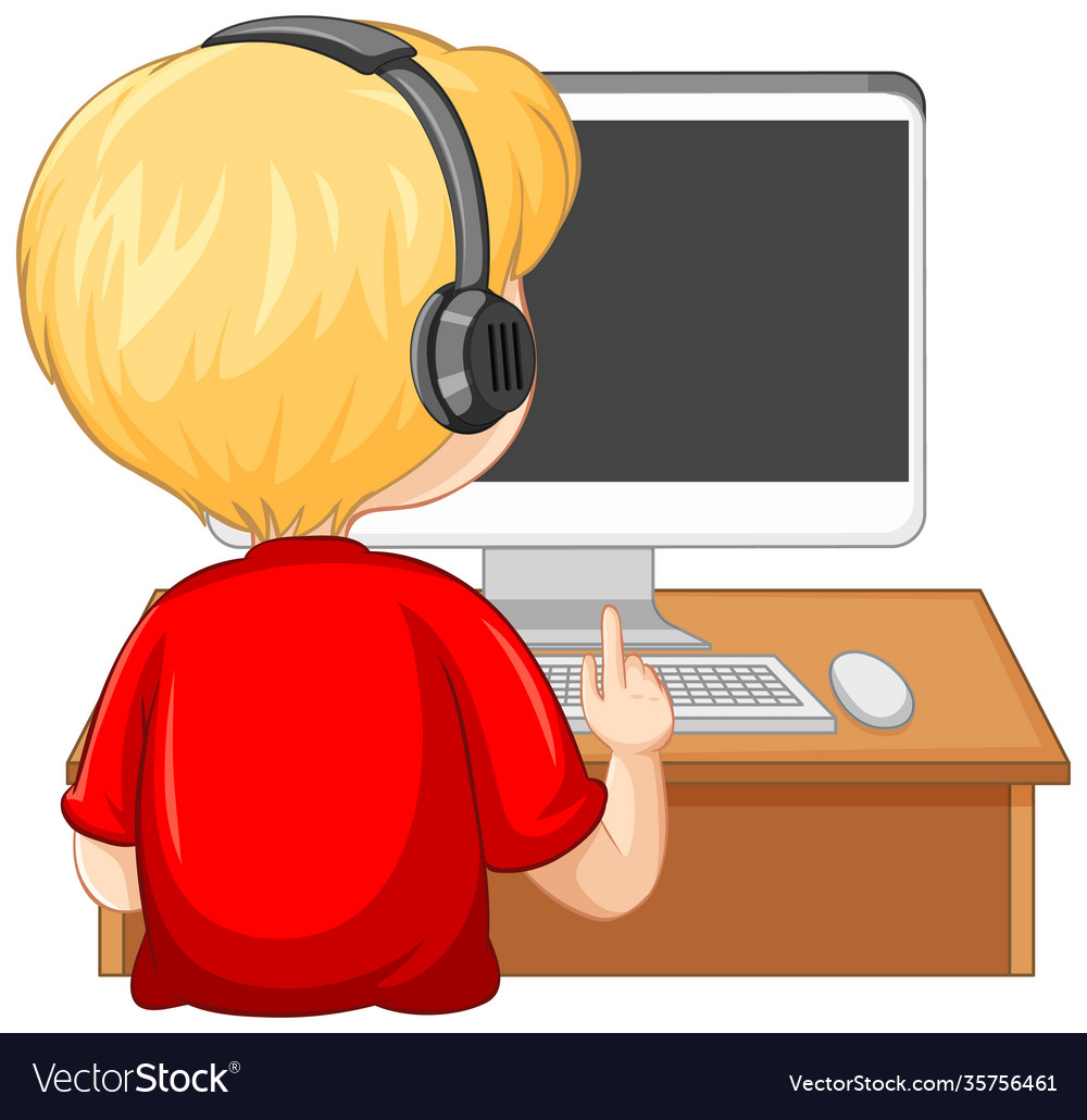 Back view a boy with computer on table vector image Back view a boy with computer on table