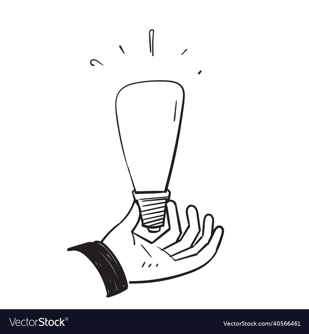 Hand drawn doodle holding light bulb isolated