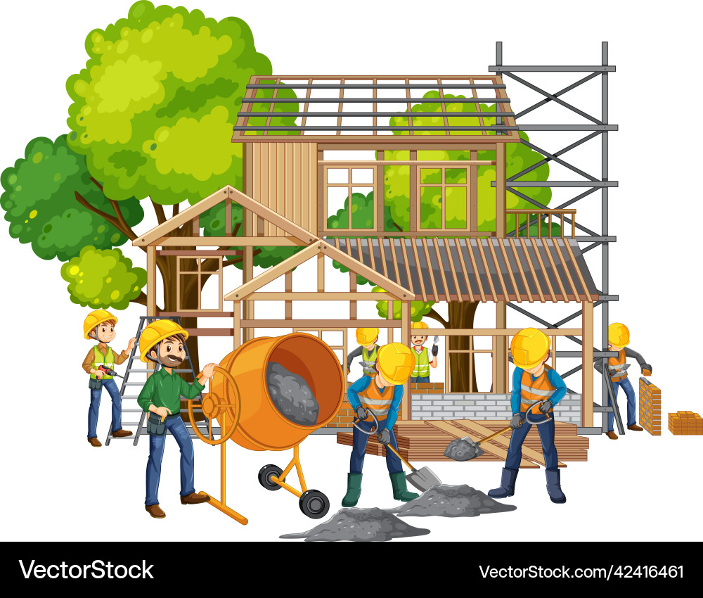 Isolated construction site with workers Royalty Free Vector