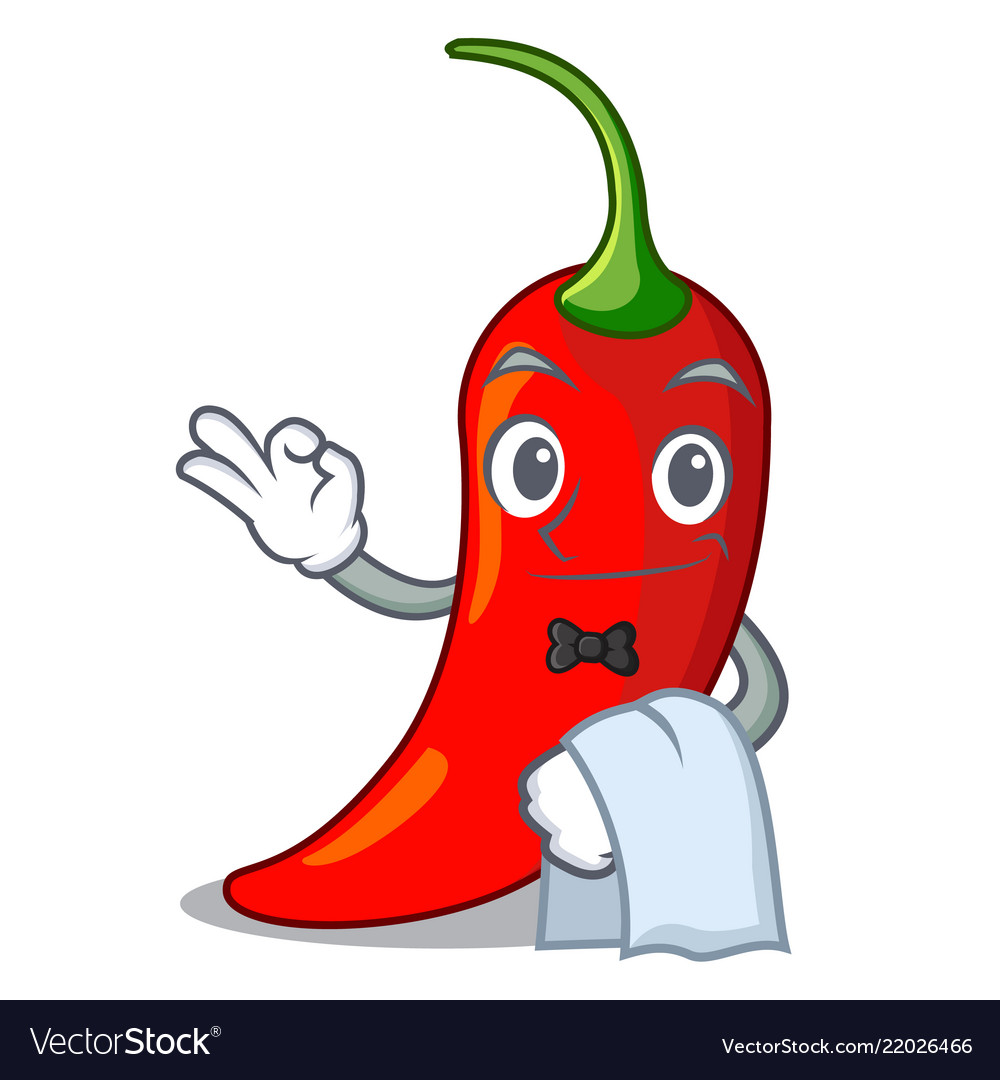 Waiter hot chili pepper on cartoon table