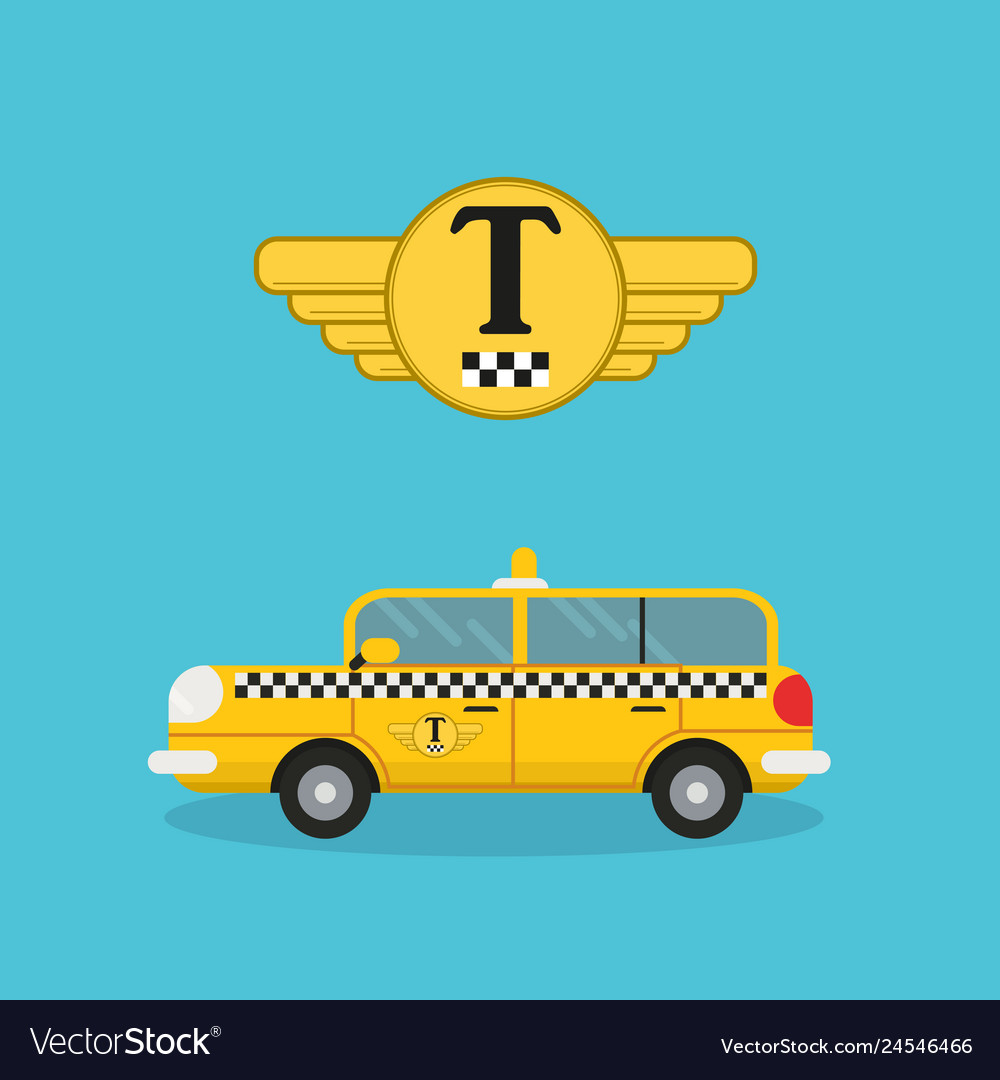 Yellow taxi car in flat style and logo