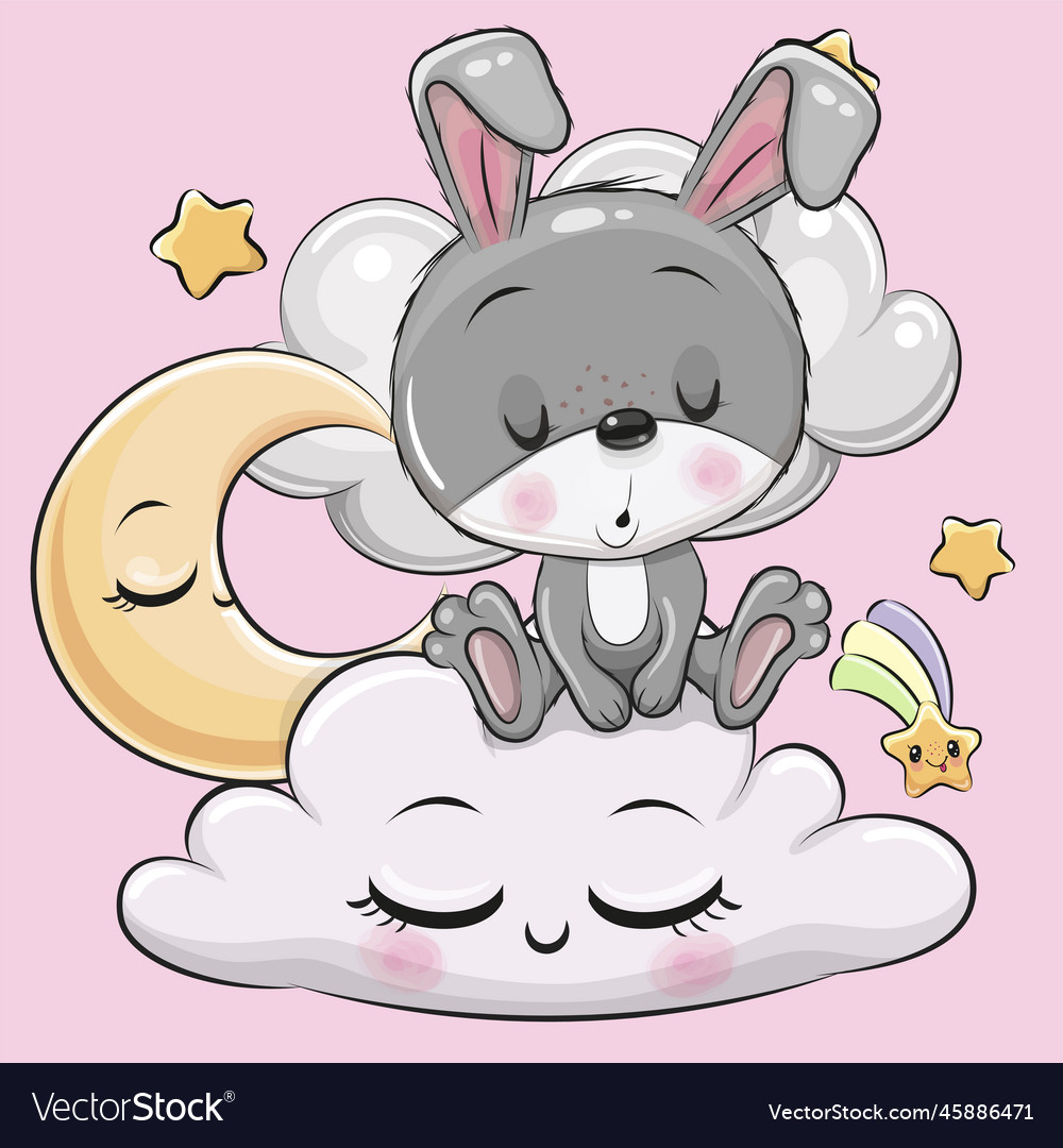 Cartoon rabbit is sleeping a on the cloud