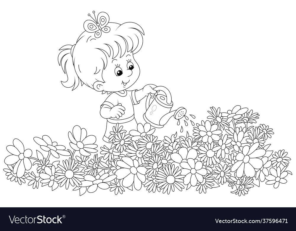 Happy little girl watering flowers