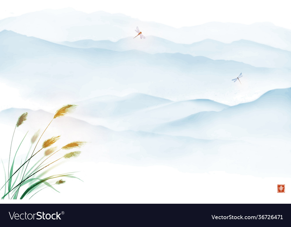 Oriental landscape with leaves grass vector image Oriental landscape with leaves grass