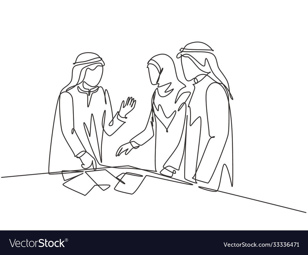 Single continuous line drawing young muslim Vector Image