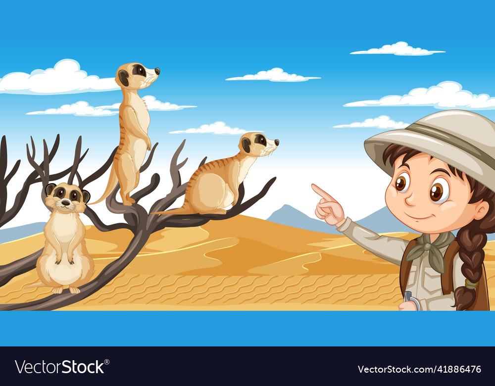 A girl explorer with meerkat group in desert