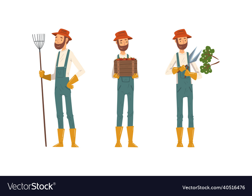 Bearded man gardener in bucket hat and gloves