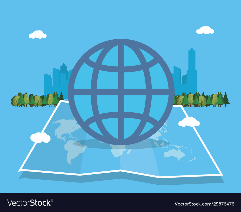 Paper map with sphere planet