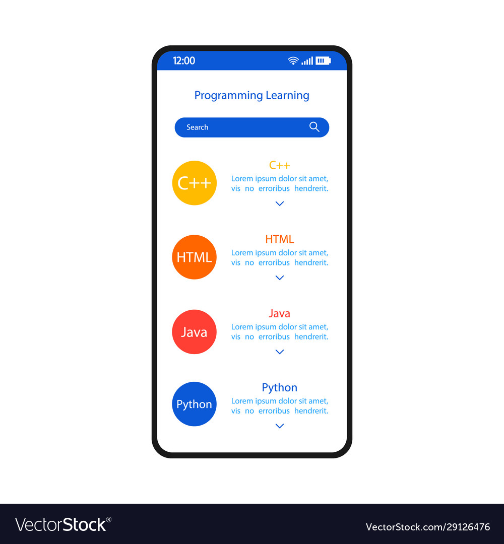 Programming learning smartphone interface template Vector Image Programming learning smartphone interface template