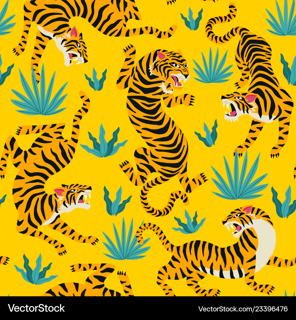 Seamless pattern with cute tigers on Royalty Free Vector