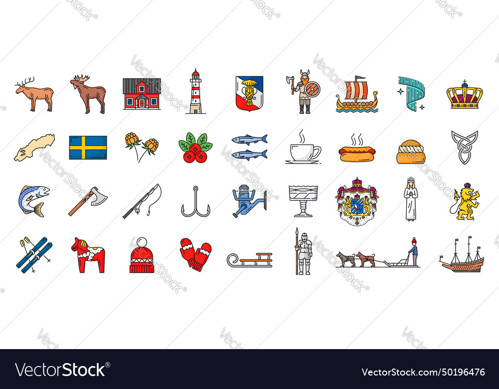 Sweden color line outline icons swedish landmarks Vector Image