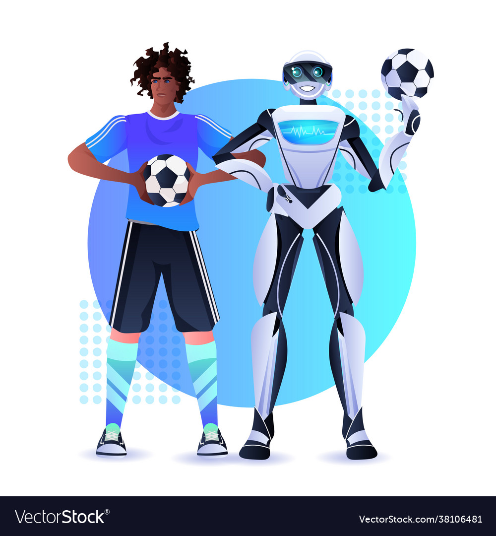 African american man and robot soccer players