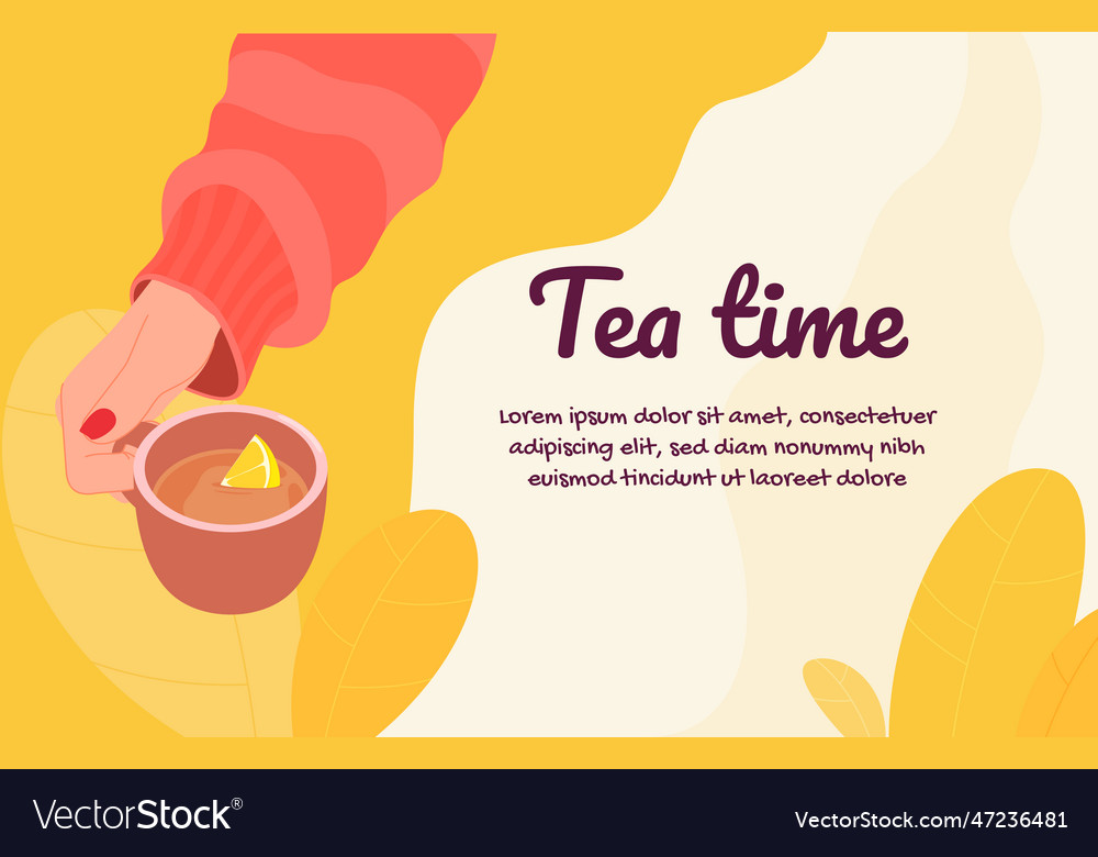 Banner tea time hands hold cups with hot