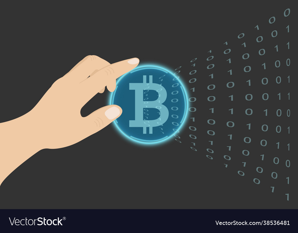 Hand presses a button with bitcoin Vector Image Hand presses a button with bitcoin