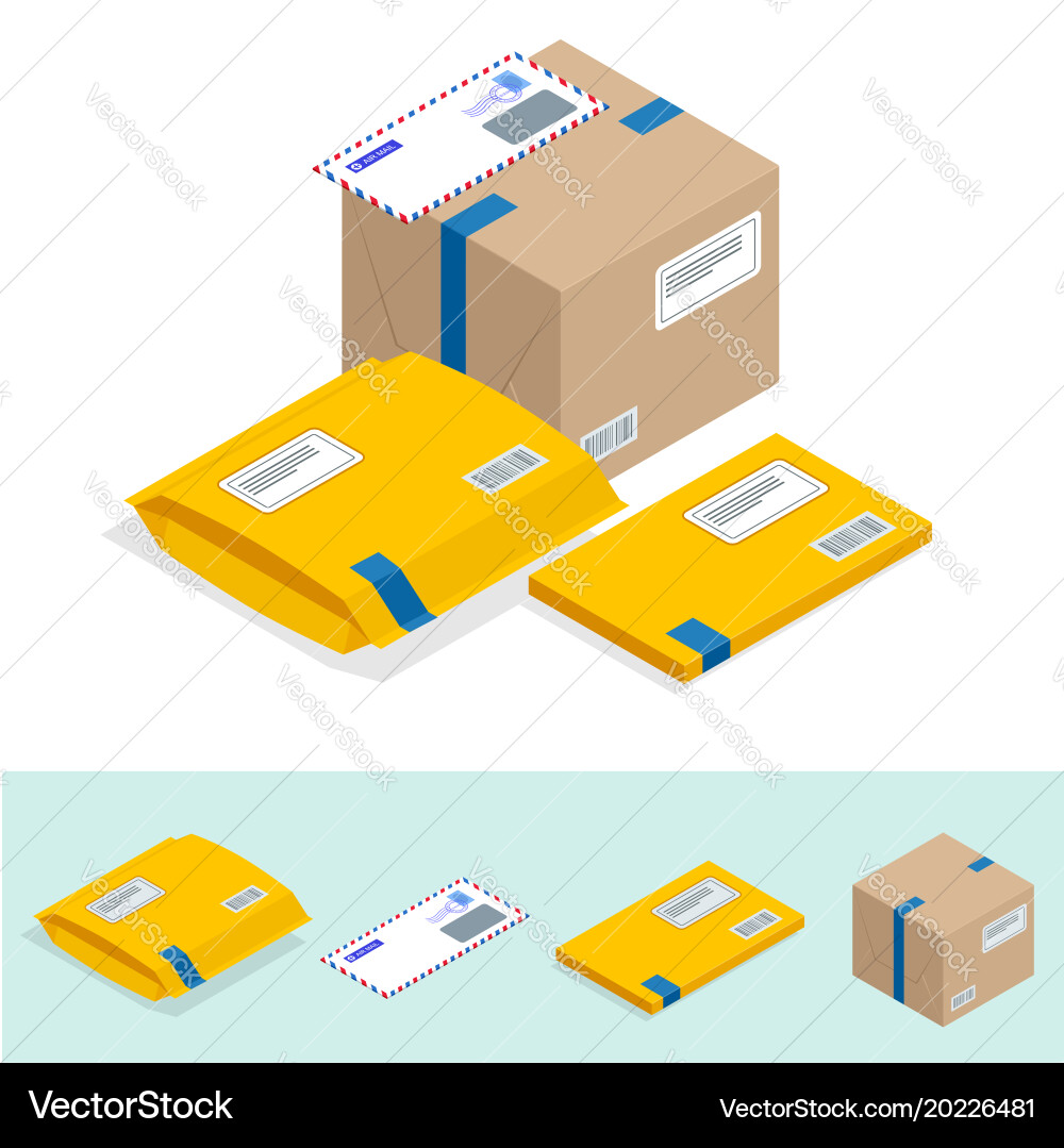Isometric set post office attributes postal Vector Image