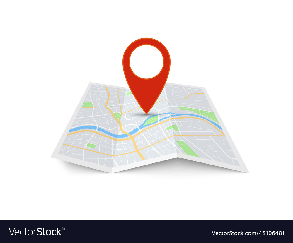 Map with pin red direction pointer on folded city
