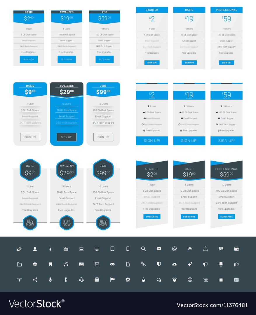 Set of pricing table design templates for websites