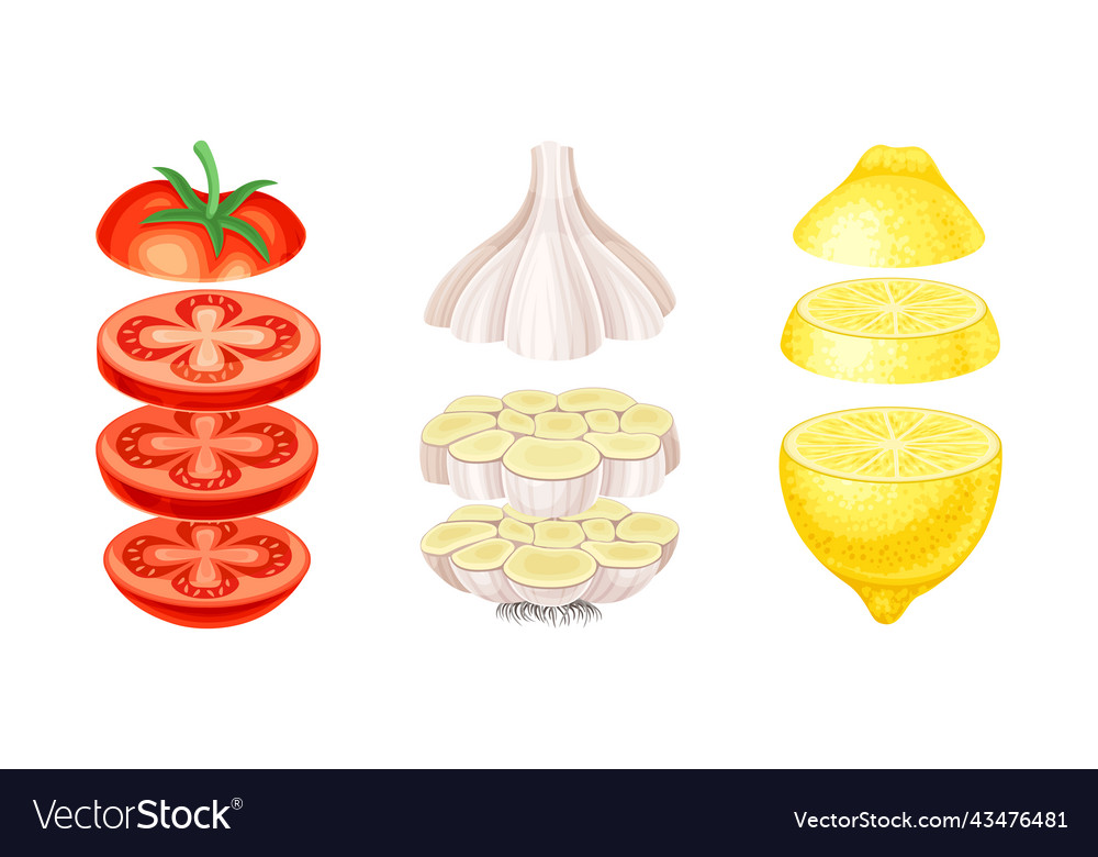 Sliced tomato garlic and lemon arranged