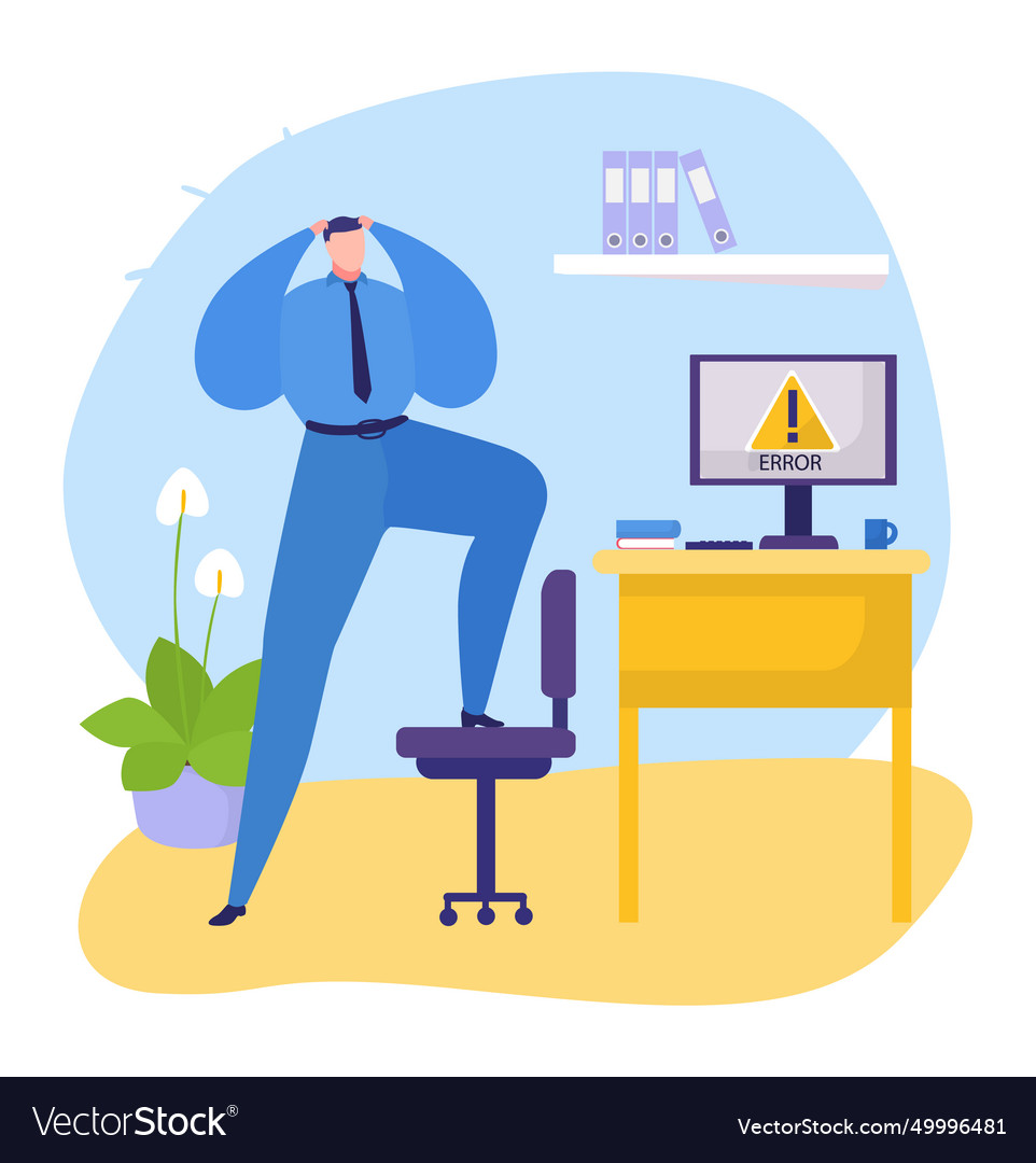 Stressed businessman facing computer error vector image Stressed businessman facing computer error