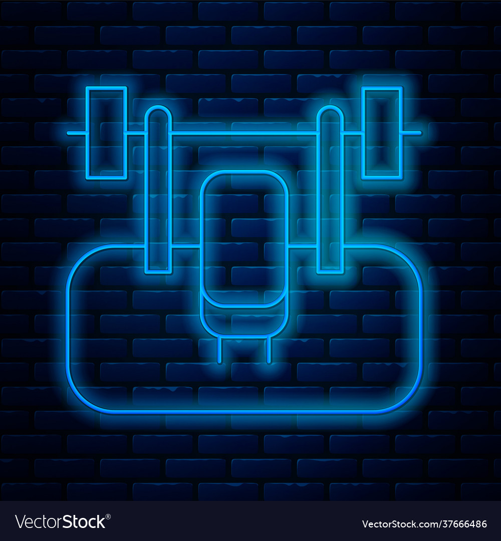 Glowing neon line bench with barbel icon isolated Vector Image