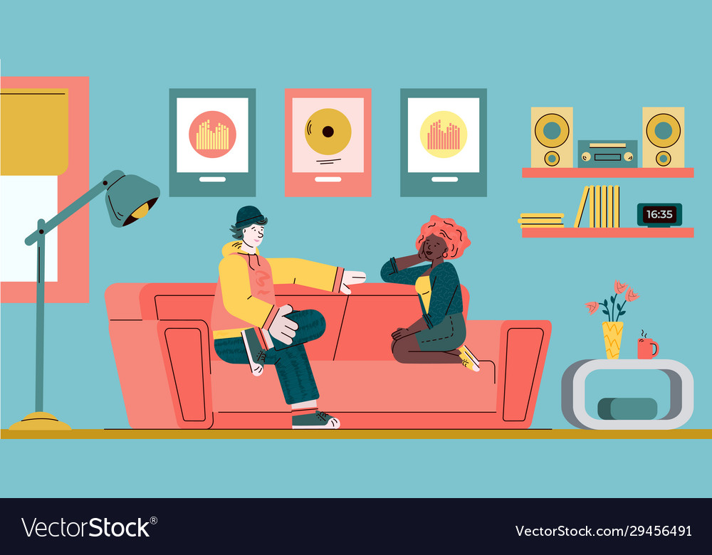 Couple sitting on couch and talking