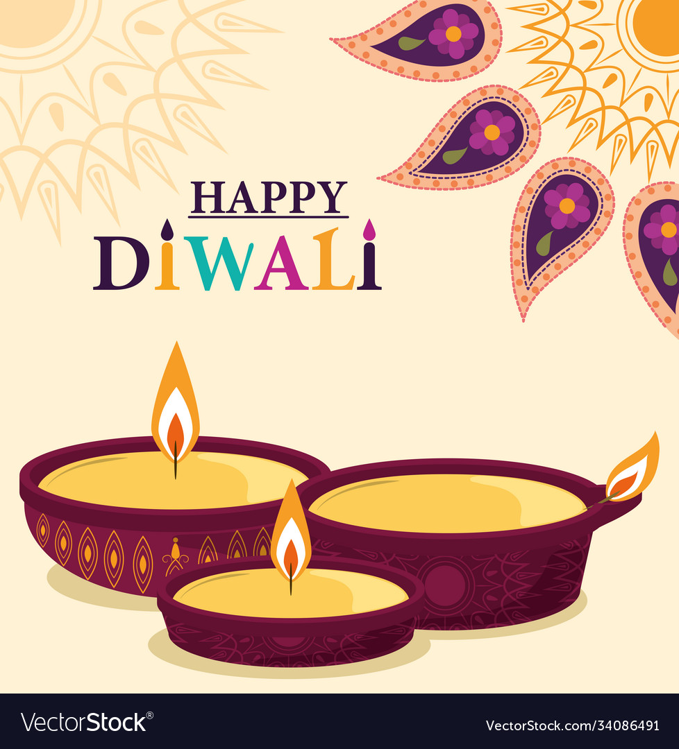 Happy diwali flowers mandala diya lamps light Vector Image