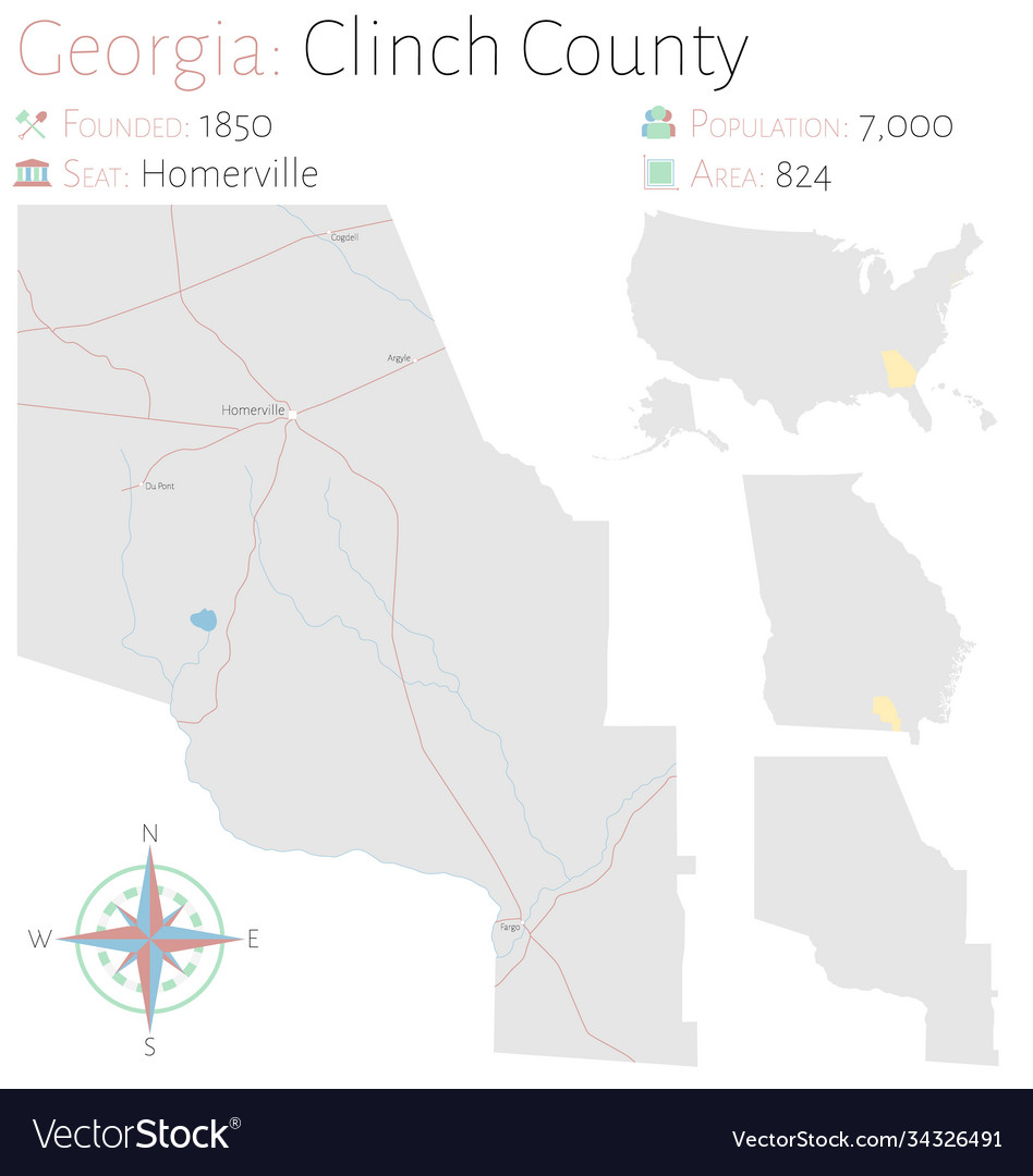 Map clinch county in georgia Royalty Free Vector Image