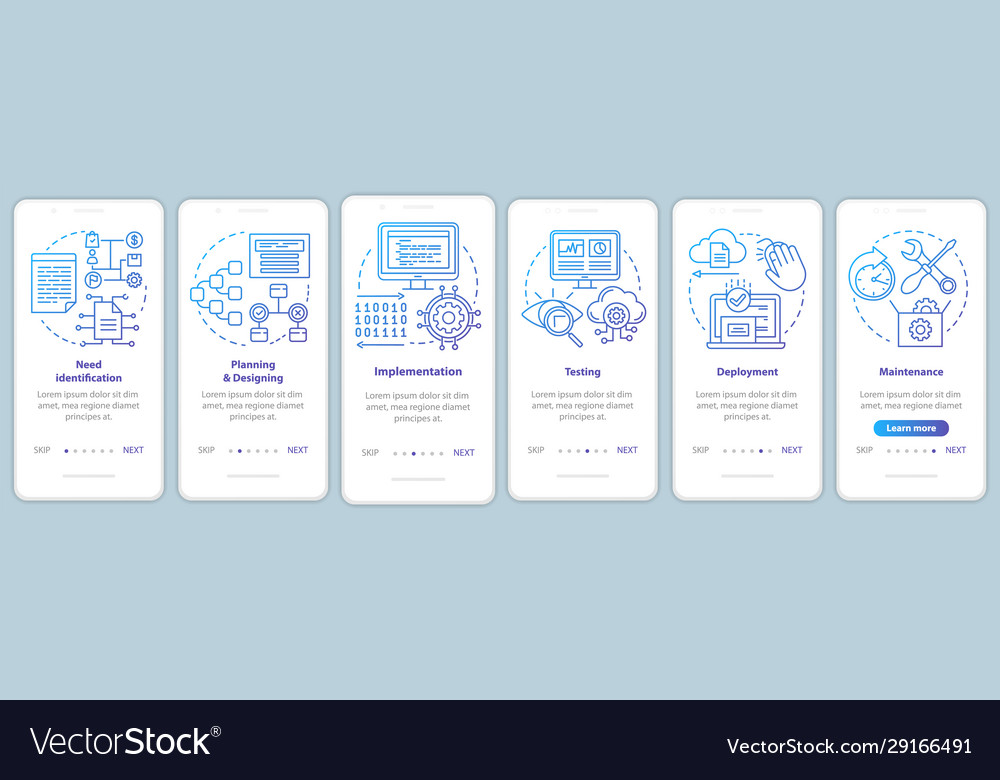 Software development stages onboarding mobile app vector image Software development stages onboarding mobile app