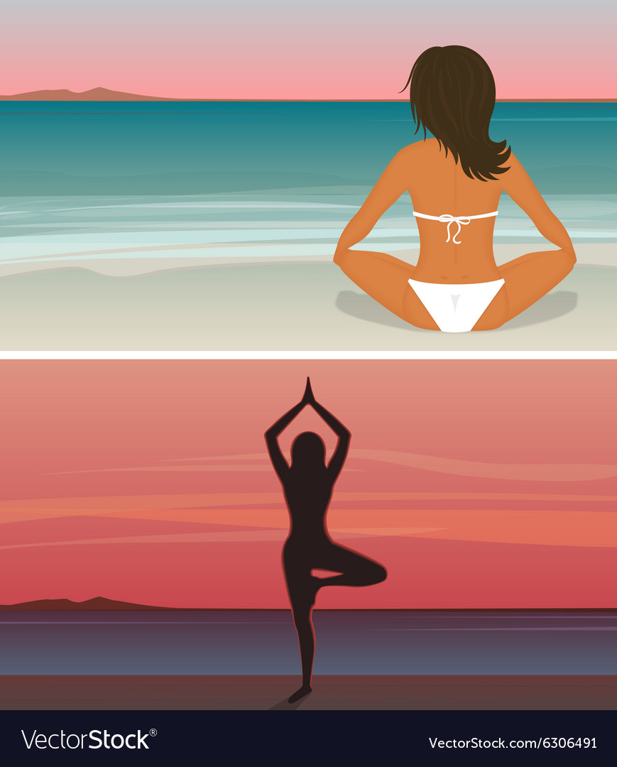 Woman Is Doing Yoga On The Sunset Beach Royalty Free Vector Woman Is Doing Yoga On The Sunset Beach Vector Image