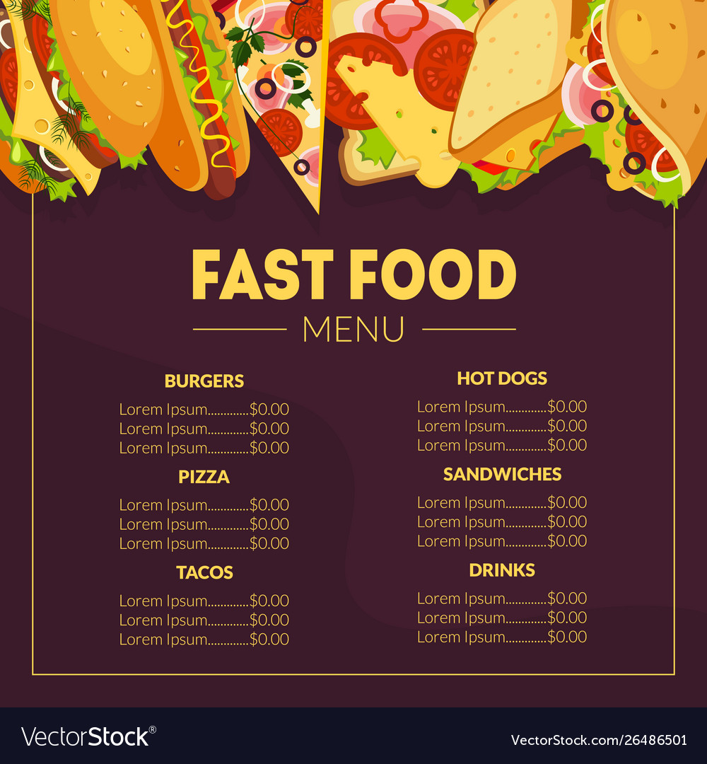 Fast food menu template restaurant brochure tako Vector Image