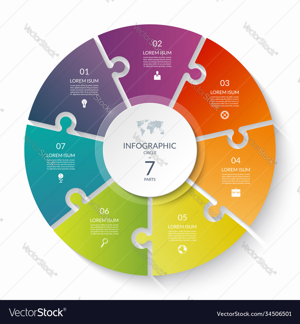 Puzzle infographic circle with 7 steps options vector image Puzzle infographic circle with 7 steps options