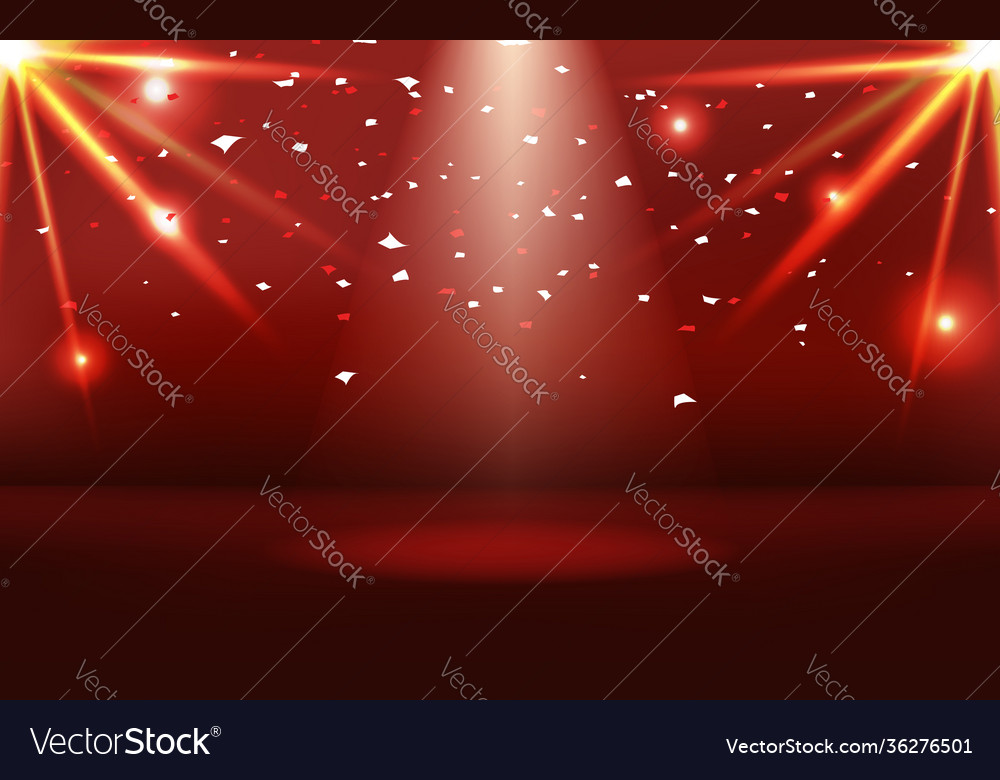 Red stage with neon bright effect and paper Vector Image