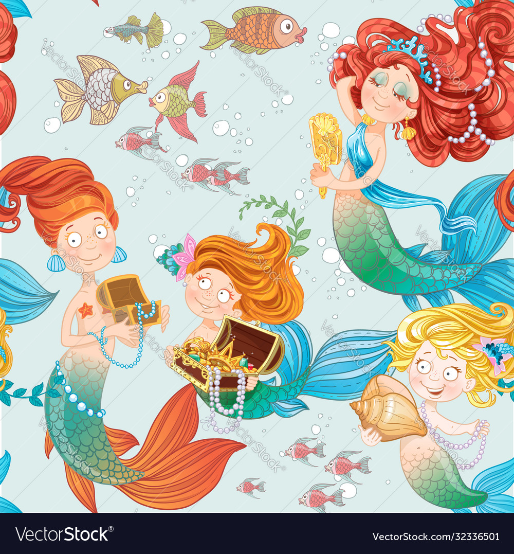 Seamless pattern with cute mermaids playing