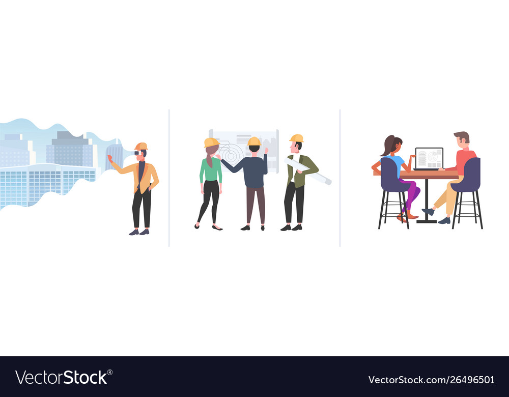Set architects working with blueprint engineers vector image Set architects working with blueprint engineers