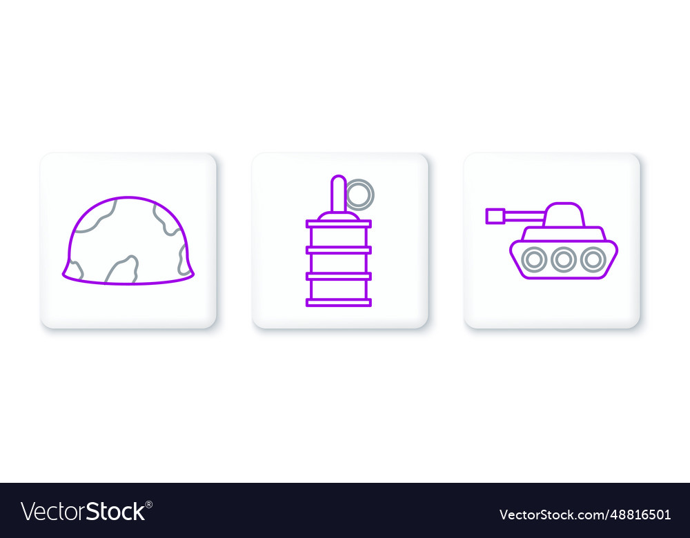 Set line military tank helmet and hand grenade