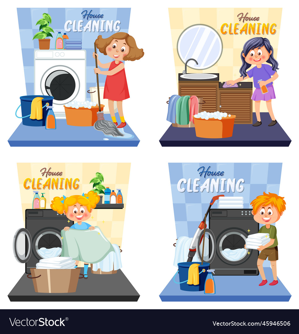 Children doing housework characters set Royalty Free Vector