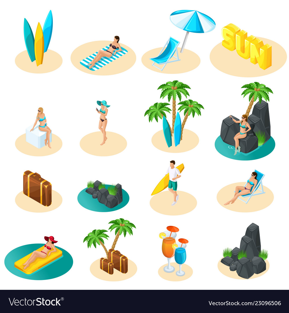 Isometrics Set Icons For Beach Girls In Bikini Vector Image