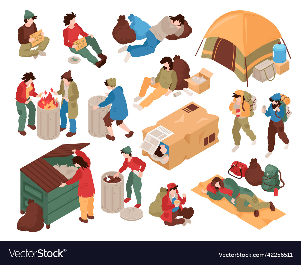 Homeless people isometric set Royalty Free Vector Image