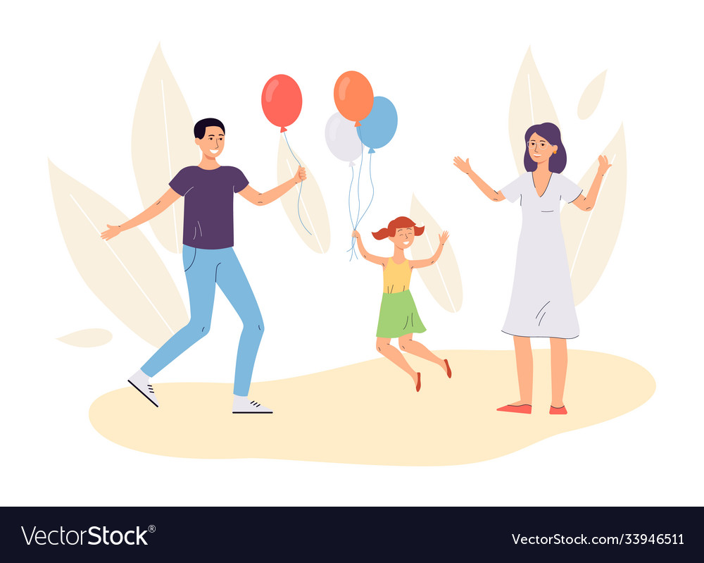 Joyful family with balloons against backdrop