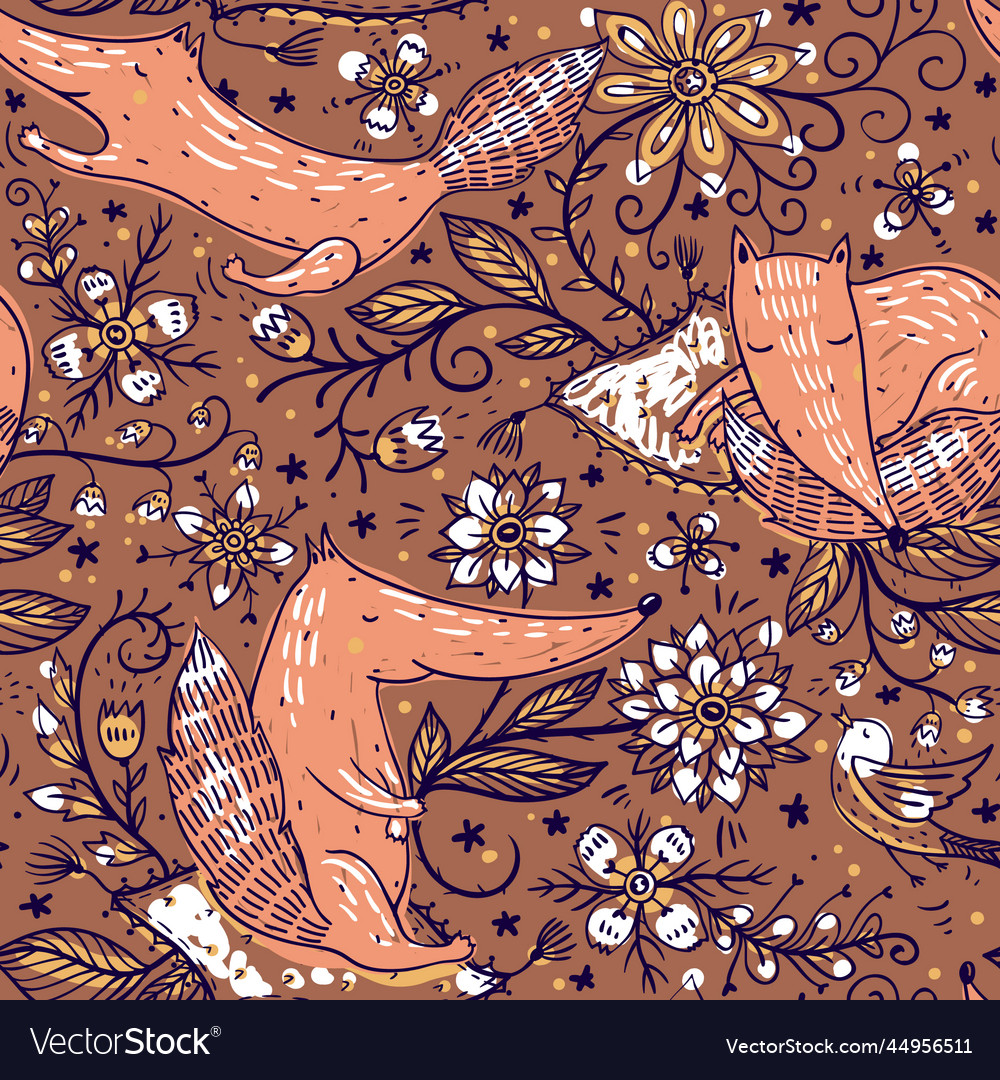 Seamless pattern with cute foxes and fantasy