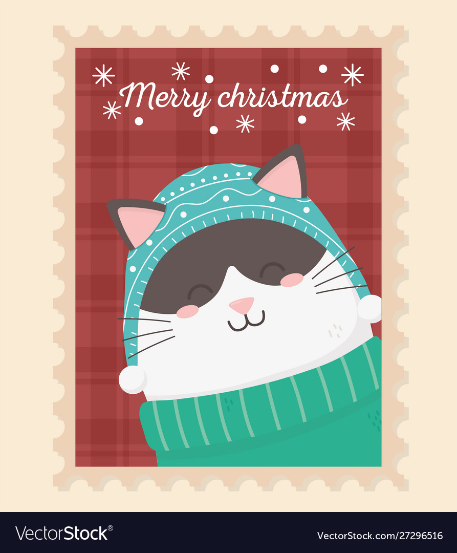 Cute cat celebration happy christmas stamp Vector Image