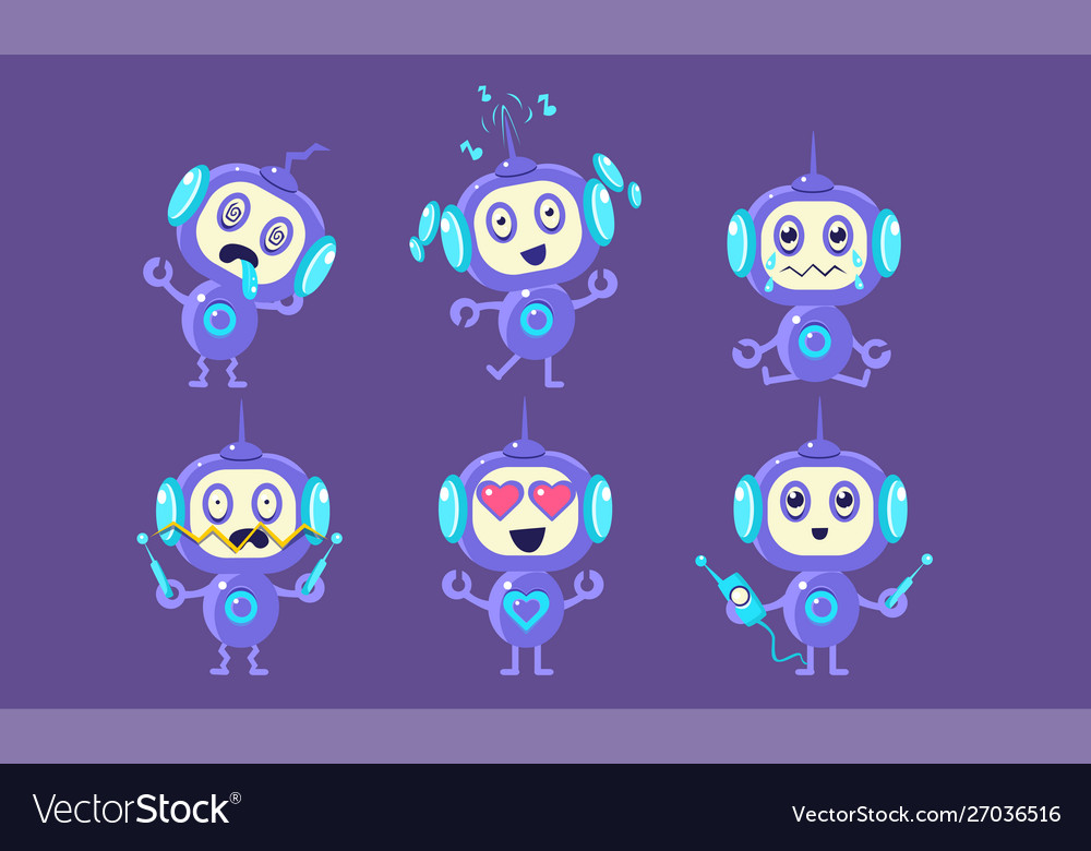 Cute robot character set funny adorable robotics vector image Cute robot character set funny adorable robotics