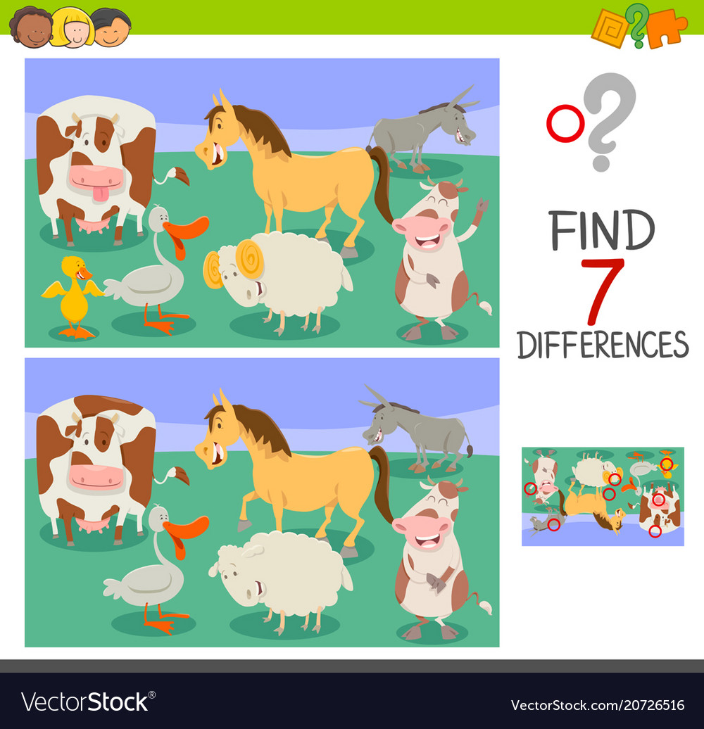 Differences game with funny farm animals