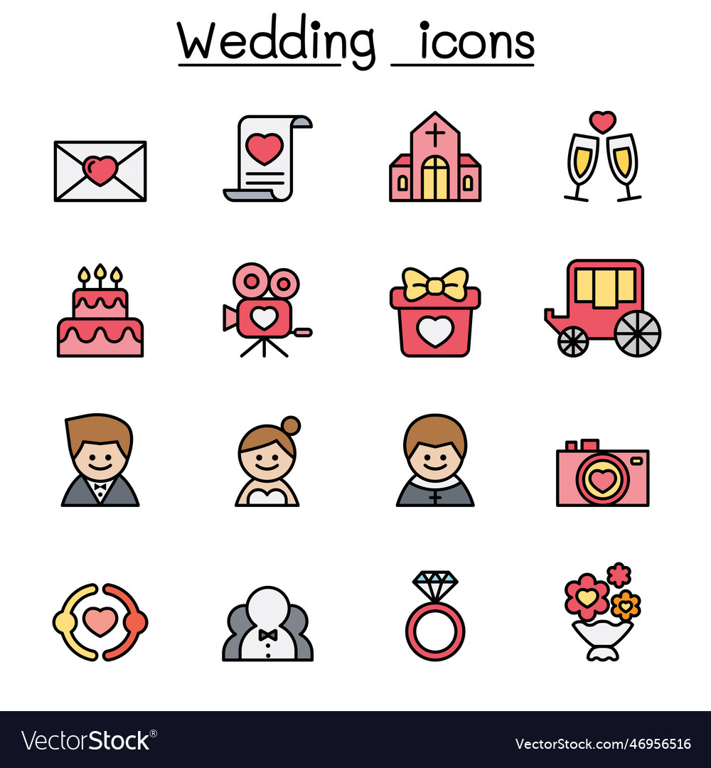 Wedding color line icon set Royalty Free Vector Image