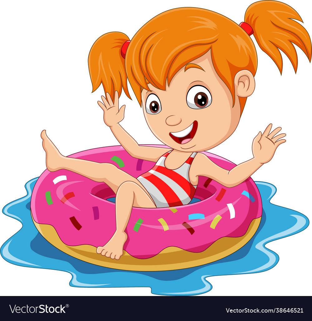 Cartoon little girl floating with inflatable ring